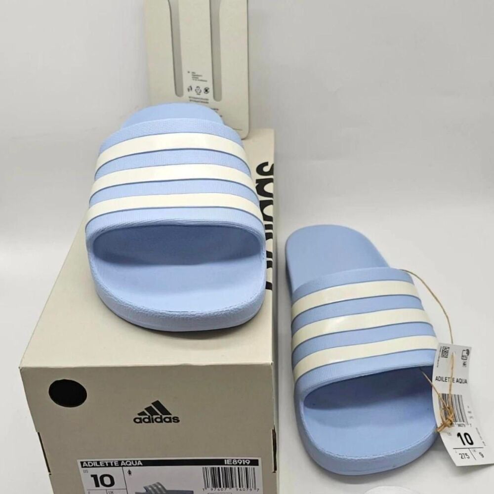 Adidas Men's White and Blue Slides